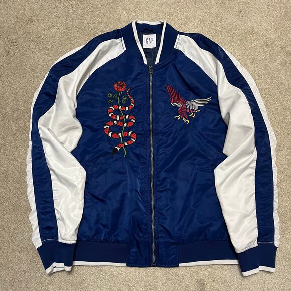 GAP California Souvenir Bomber Jacket Eagle Snake Embroidered Blue White Large - Picture 1 of 7